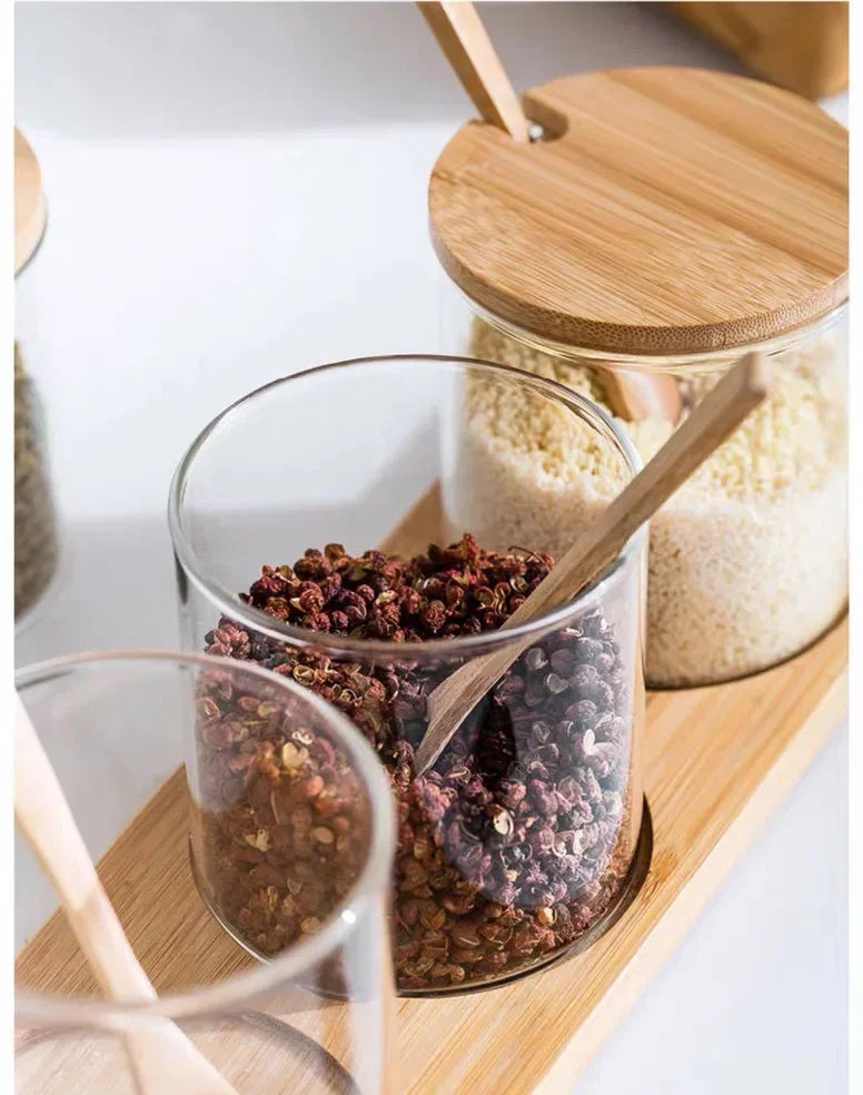 Kitchen Glass Condiment Jar Set Wood Lid with Tray Spoon Clear Seasoning Spice Salt Jar Dust-Proof Coffee Beans Organizer Bottle