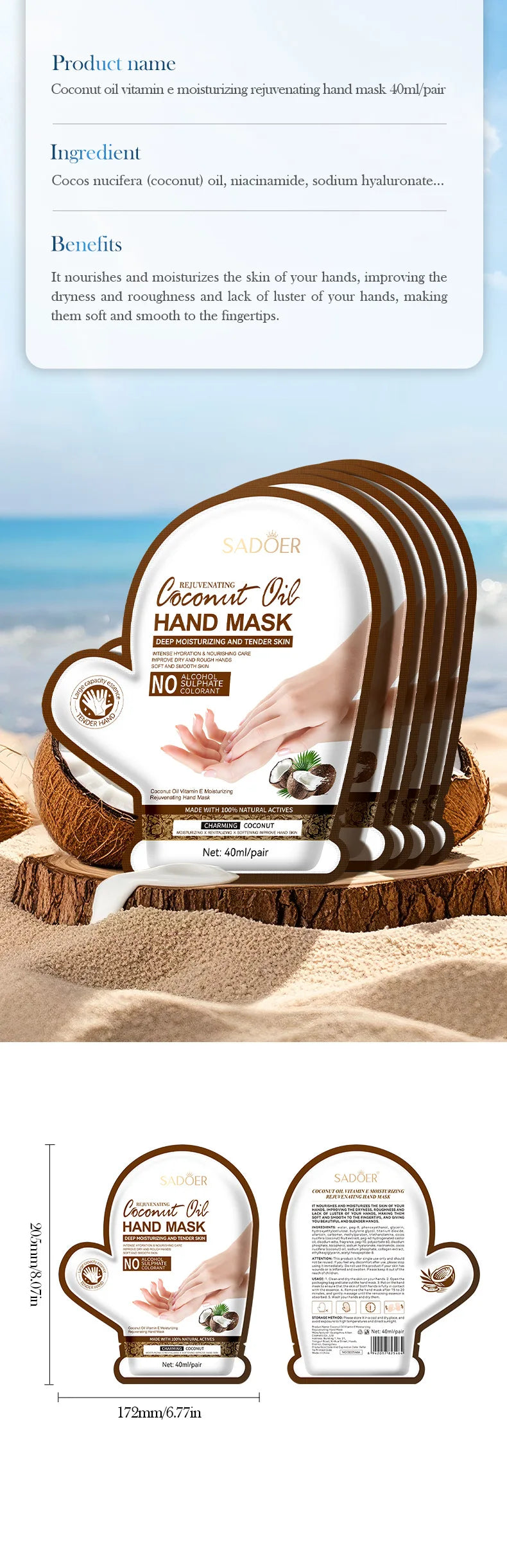 SADOER Coconut Moisturizing Hand Mask Whitening Nourishing Anti-aging Hydrating Hand Gloves for Hands Skin Care Products