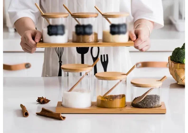Kitchen Glass Condiment Jar Set Wood Lid with Tray Spoon Clear Seasoning Spice Salt Jar Dust-Proof Coffee Beans Organizer Bottle