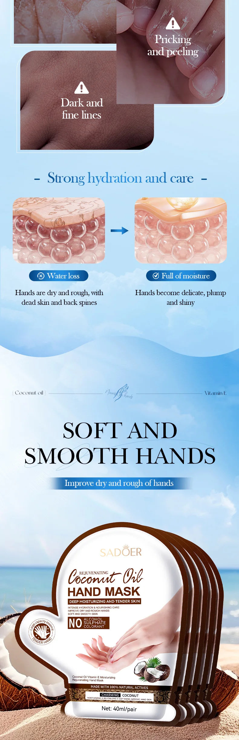 SADOER Coconut Moisturizing Hand Mask Whitening Nourishing Anti-aging Hydrating Hand Gloves for Hands Skin Care Products