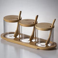 Kitchen Glass Condiment Jar Set Wood Lid with Tray Spoon Clear Seasoning Spice Salt Jar Dust-Proof Coffee Beans Organizer Bottle