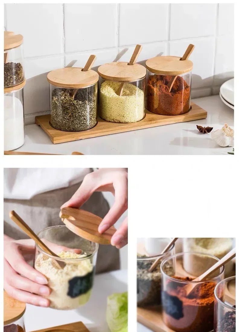 Kitchen Glass Condiment Jar Set Wood Lid with Tray Spoon Clear Seasoning Spice Salt Jar Dust-Proof Coffee Beans Organizer Bottle