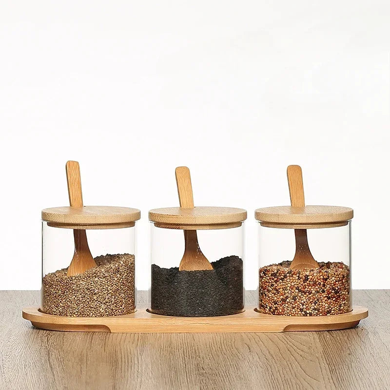 Kitchen Glass Condiment Jar Set Wood Lid with Tray Spoon Clear Seasoning Spice Salt Jar Dust-Proof Coffee Beans Organizer Bottle