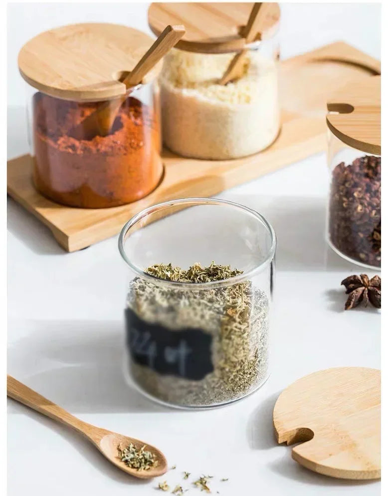 Kitchen Glass Condiment Jar Set Wood Lid with Tray Spoon Clear Seasoning Spice Salt Jar Dust-Proof Coffee Beans Organizer Bottle