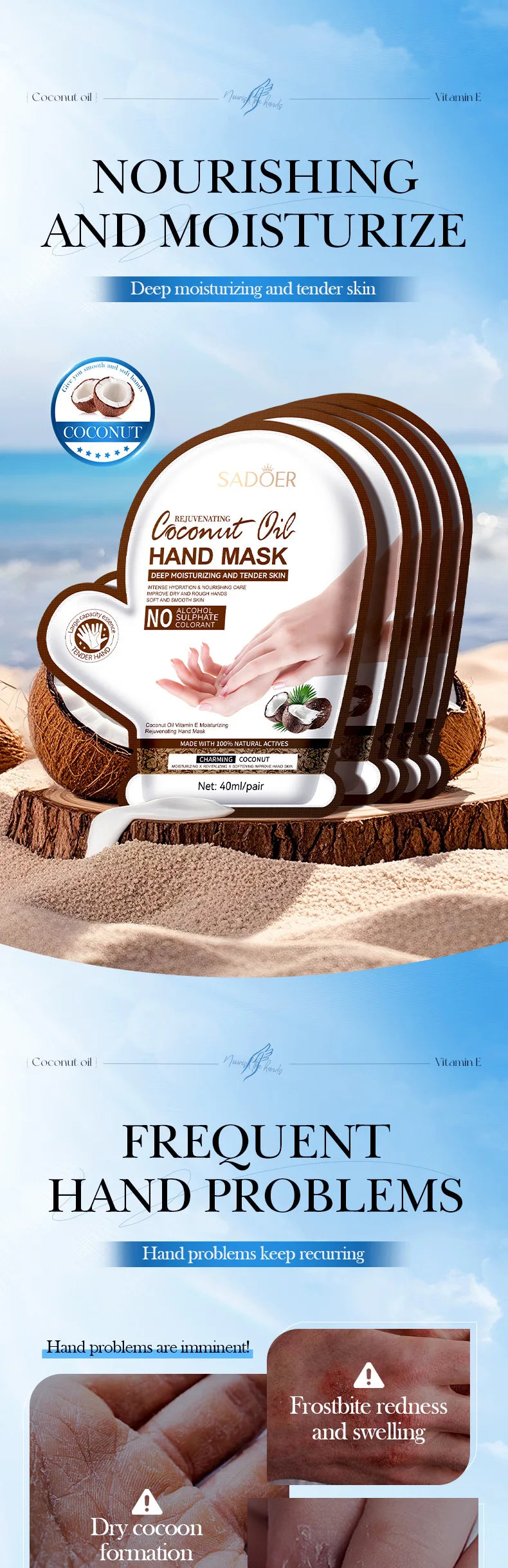 SADOER Coconut Moisturizing Hand Mask Whitening Nourishing Anti-aging Hydrating Hand Gloves for Hands Skin Care Products