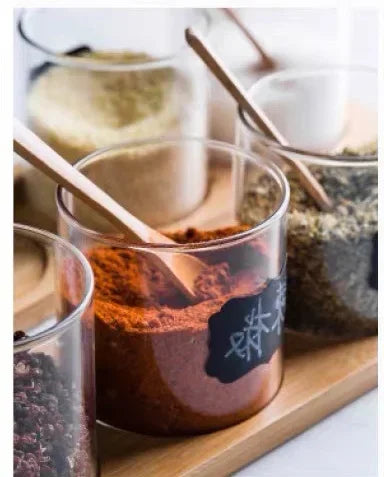 Kitchen Glass Condiment Jar Set Wood Lid with Tray Spoon Clear Seasoning Spice Salt Jar Dust-Proof Coffee Beans Organizer Bottle