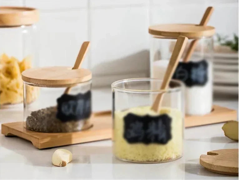 Kitchen Glass Condiment Jar Set Wood Lid with Tray Spoon Clear Seasoning Spice Salt Jar Dust-Proof Coffee Beans Organizer Bottle