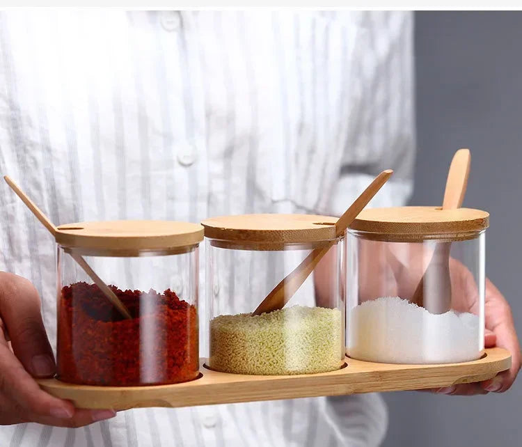 Kitchen Glass Condiment Jar Set Wood Lid with Tray Spoon Clear Seasoning Spice Salt Jar Dust-Proof Coffee Beans Organizer Bottle