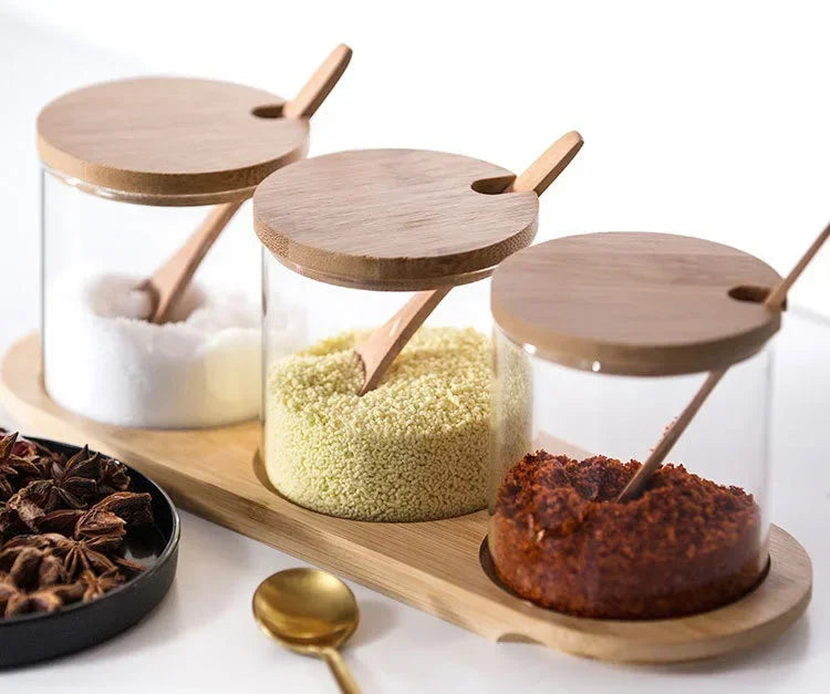 Kitchen Glass Condiment Jar Set Wood Lid with Tray Spoon Clear Seasoning Spice Salt Jar Dust-Proof Coffee Beans Organizer Bottle
