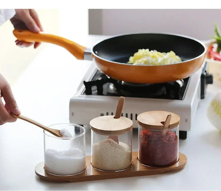 Kitchen Glass Condiment Jar Set Wood Lid with Tray Spoon Clear Seasoning Spice Salt Jar Dust-Proof Coffee Beans Organizer Bottle