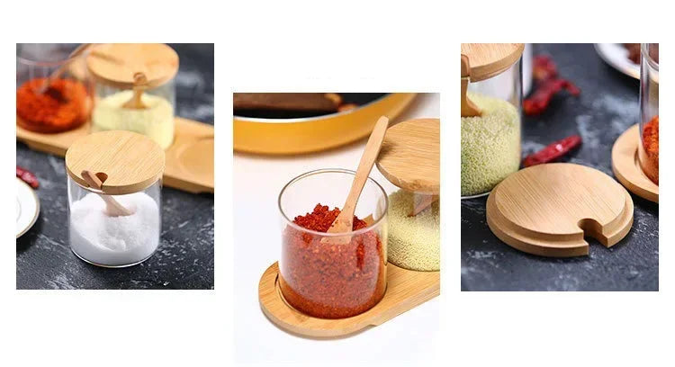 Kitchen Glass Condiment Jar Set Wood Lid with Tray Spoon Clear Seasoning Spice Salt Jar Dust-Proof Coffee Beans Organizer Bottle